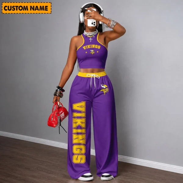 [SPECIAL OFFER] NEW CUSTOMIZED NFL05 MVK MINNESOTA VIKINGS WOMEN'S CROP TOP & LONGPANTS SET