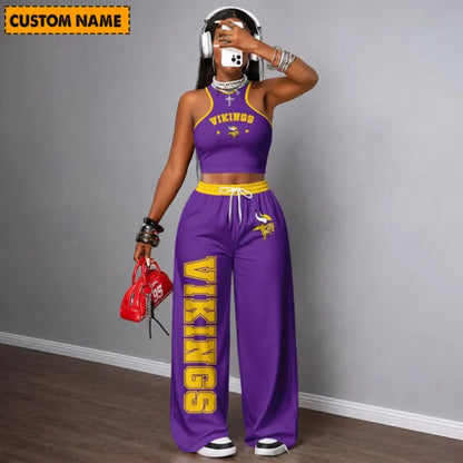 [SPECIAL OFFER] NEW CUSTOMIZED NFL05 MVK MINNESOTA VIKINGS WOMEN'S CROP TOP & LONGPANTS SET