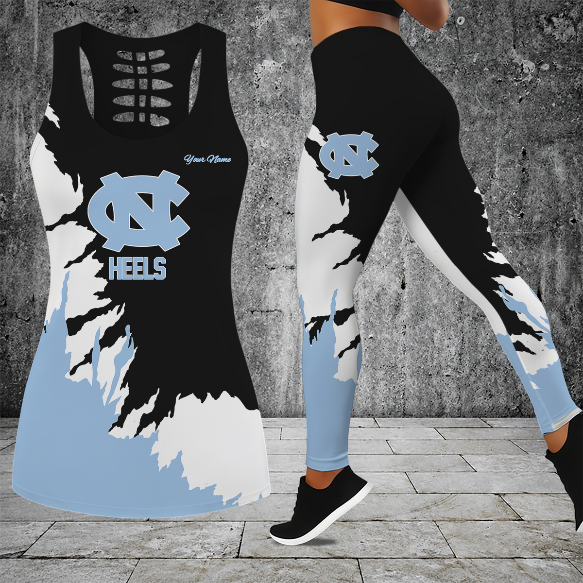 [FAN FAVORITE] NEW CUSTOMIZED NCAA MAM05 NTH NORTH CAROLINA TAR HEELS STRAPPY HOLLOW TANK TOP & LEGGINGS SET