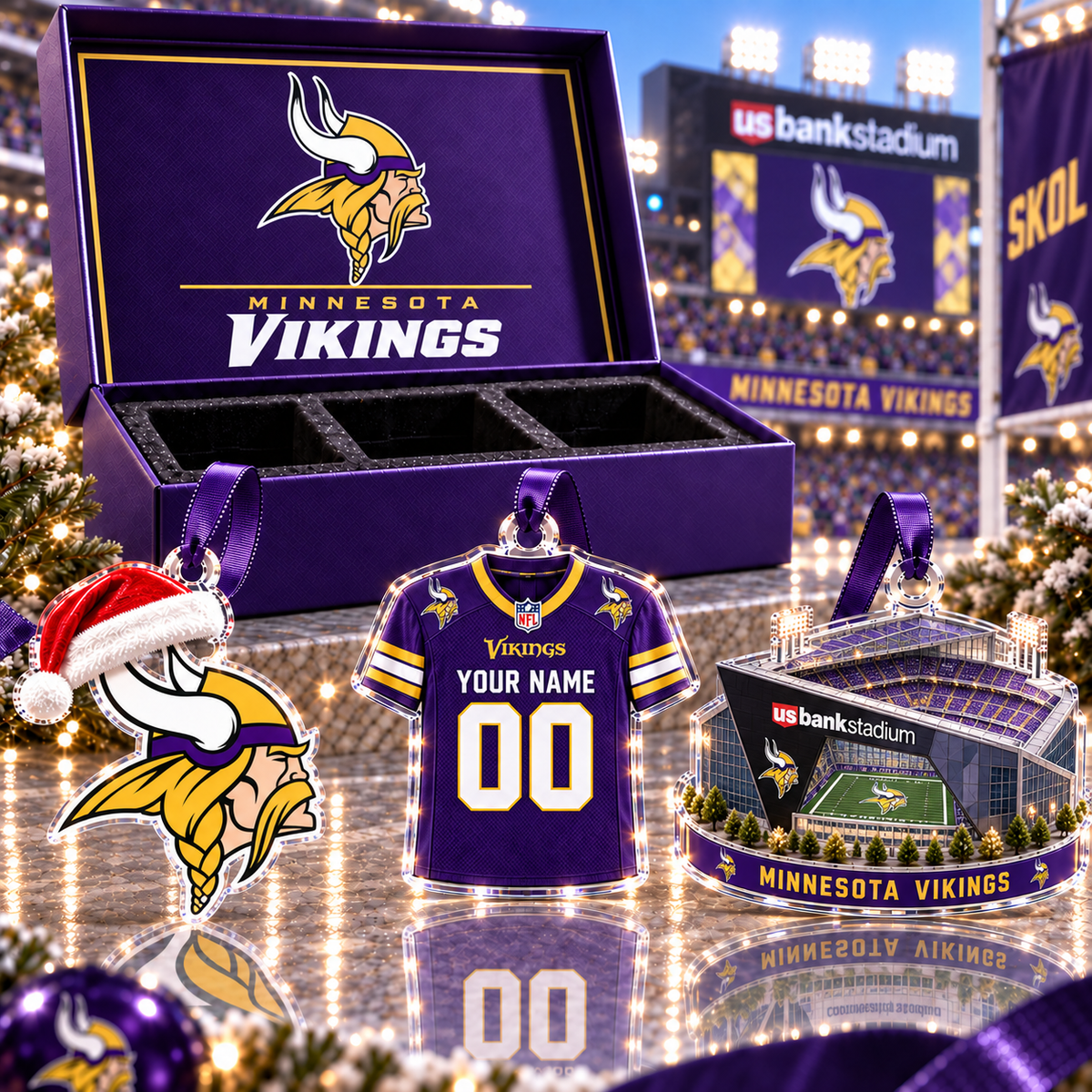 [FULL SET 3 ITEMS - NO BOX] NEW CUSTOMIZED NFL05 MVK MINNESOTA VIKINGS CHRISTMAS ACRYLIC ORNAMENT