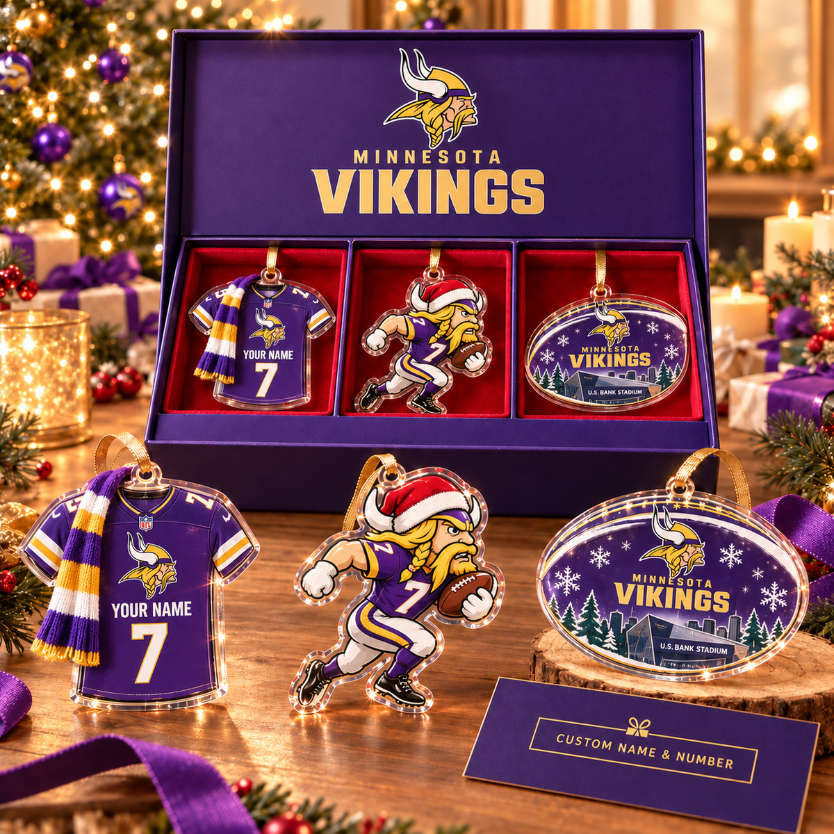 [FULL SET 3 ITEMS - NO BOX] NEW CUSTOMIZED NFL05 MVK MINNESOTA VIKINGS CHRISTMAS ACRYLIC ORNAMENT