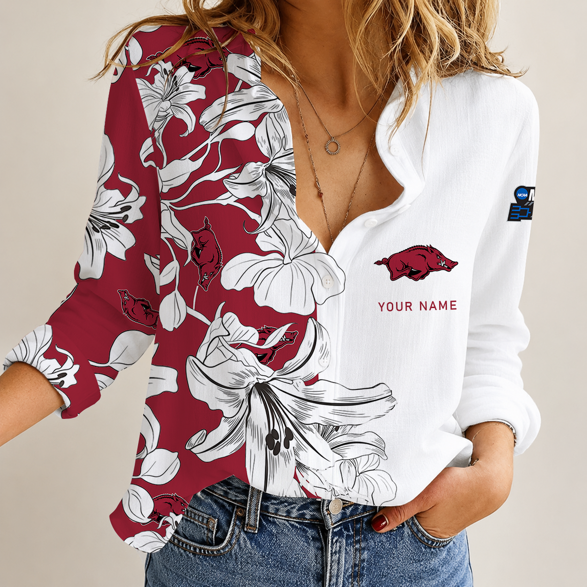 [FAN FAVORITE] NEW CUSTOMIZED NCAA MAM06 AKR ARKANSAS RAZORBACKS STRAPPY WOMEN CASUAL SHIRT