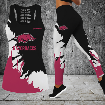 [FAN FAVORITE] NEW CUSTOMIZED NCAA MAM06 AKR ARKANSAS RAZORBACKS STRAPPY HOLLOW TANK TOP & LEGGINGS SET