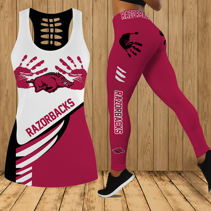 [FAN FAVORITE] NEW CUSTOMIZED NCAA MAM06 AKR ARKANSAS RAZORBACKS STRAPPY HOLLOW TANK TOP & LEGGINGS SET