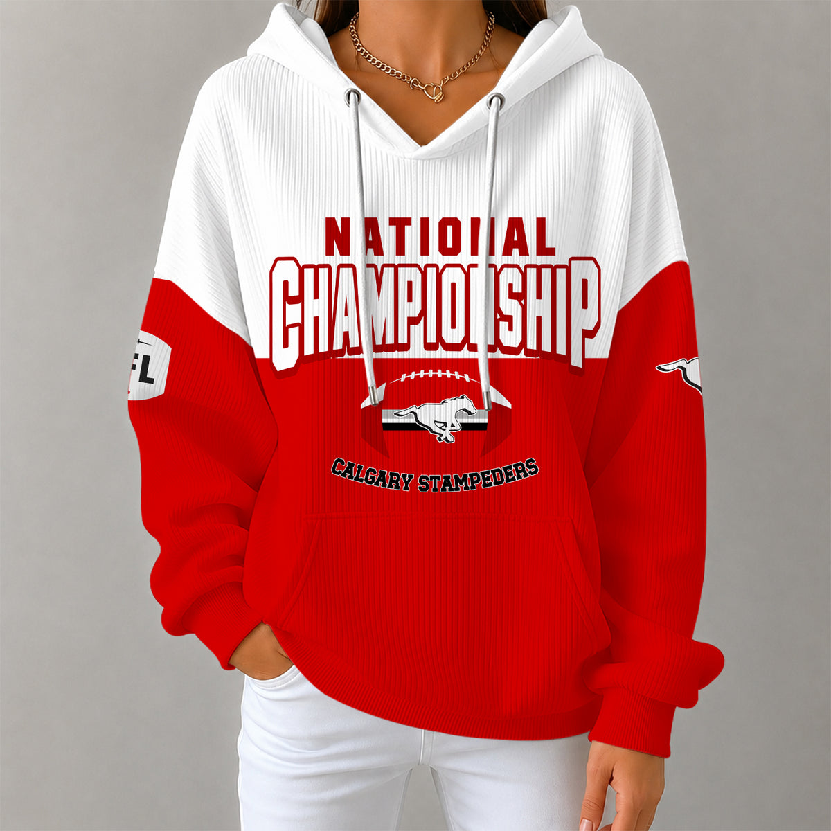 [FAN EXCLUSIVE] NEW CUSTOMIZED CFL06 CGY CALGARY STAMPEDERS STRAPPY RIBBED HOODIE & SWEATSHIRT