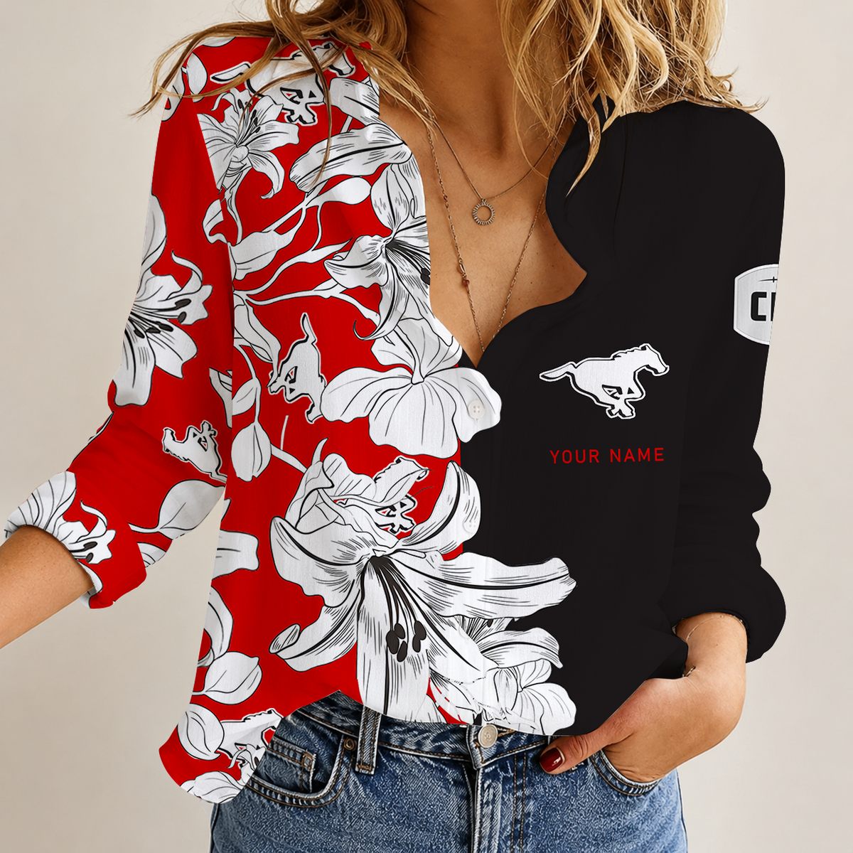 [FAN EXCLUSIVE] NEW CUSTOMIZED CFL06 CGY CALGARY STAMPEDERS STRAPPY WOMEN CASUAL SHIRT