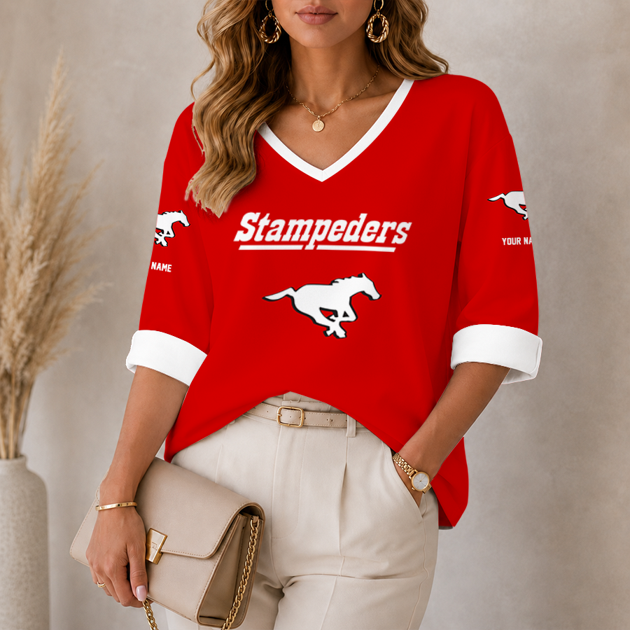 [FAN EXCLUSIVE] NEW CUSTOMIZED CFL06 CGY CALGARY STAMPEDERS STRAPPY WOMEN'S HEART V-NECK LONG SLEEVE SHIRT