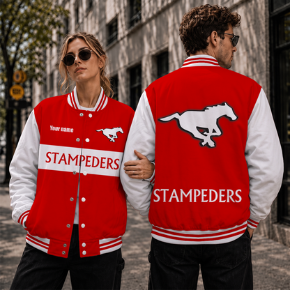 [FAN EXCLUSIVE] NEW CUSTOMIZED CFL06 CGY CALGARY STAMPEDERS STRAPPY BASEBALL JACKET, SATIN VARSITY JACKET