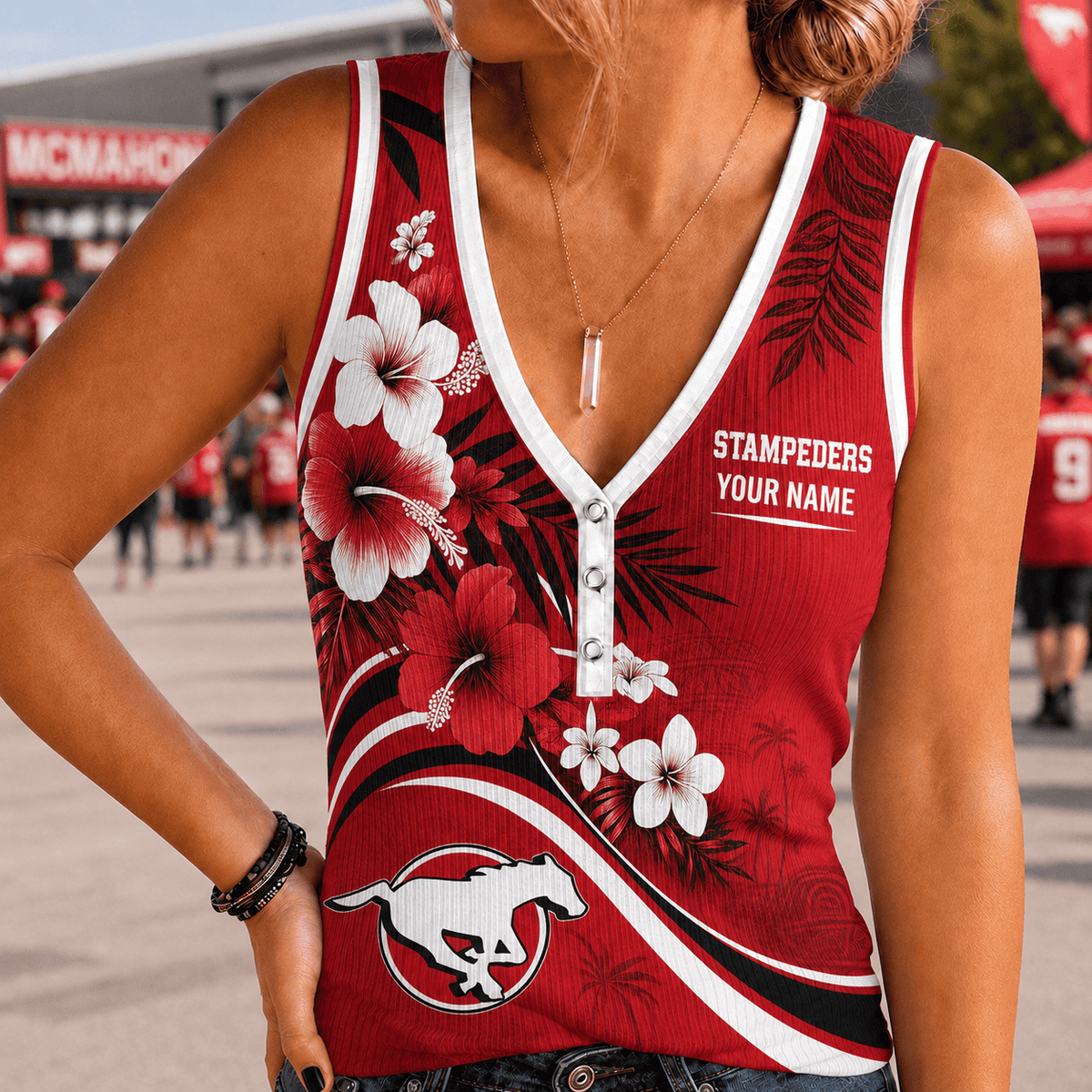 [FAN EXCLUSIVE] NEW CUSTOMIZED CFL06 CGY CALGARY STAMPEDERS WOMEN'S V-NECK TANK TOP