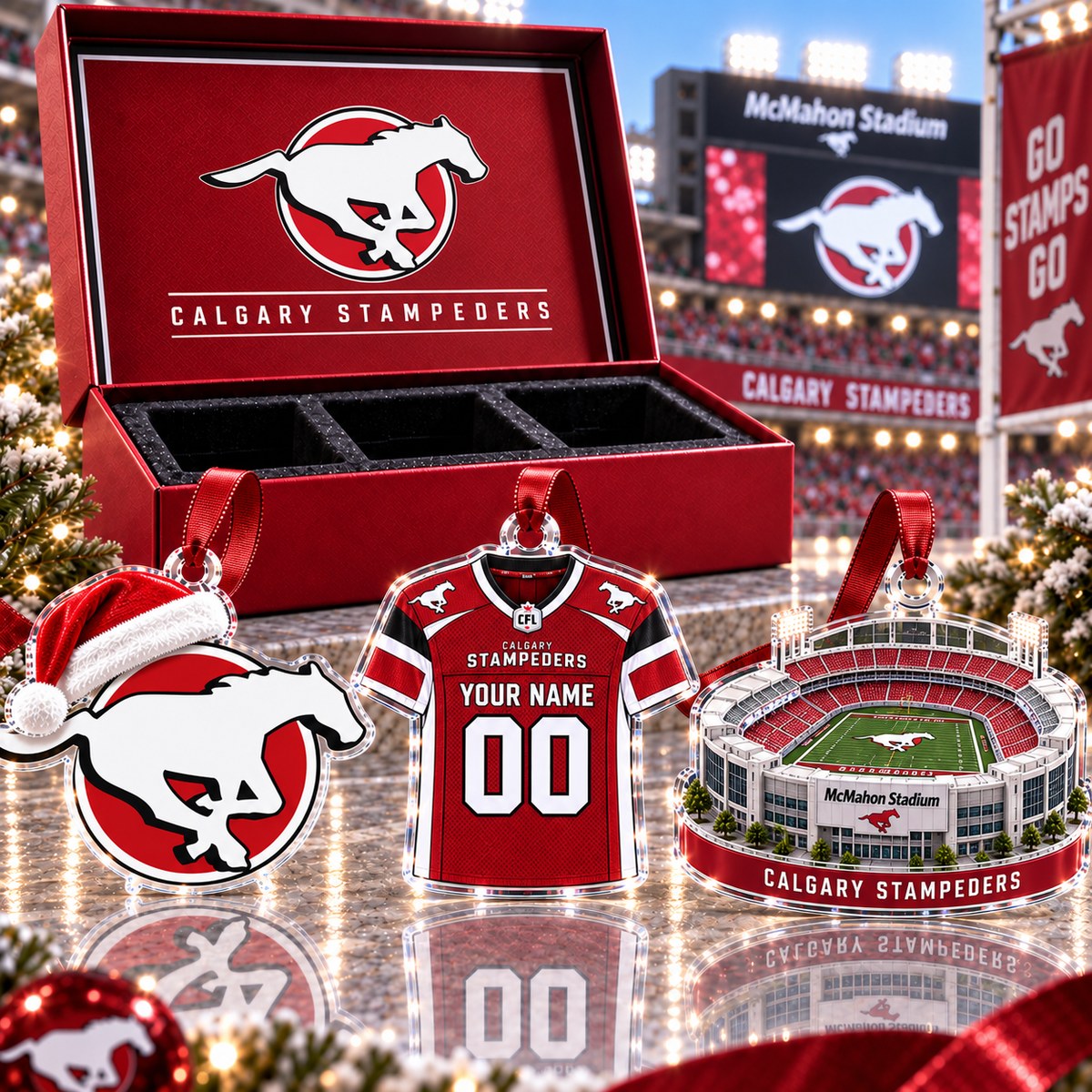 [FULL SET 3 ITEMS - NO BOX] NEW CUSTOMIZED CFL06 CGY CALGARY STAMPEDERS CHRISTMAS ACRYLIC ORNAMENT