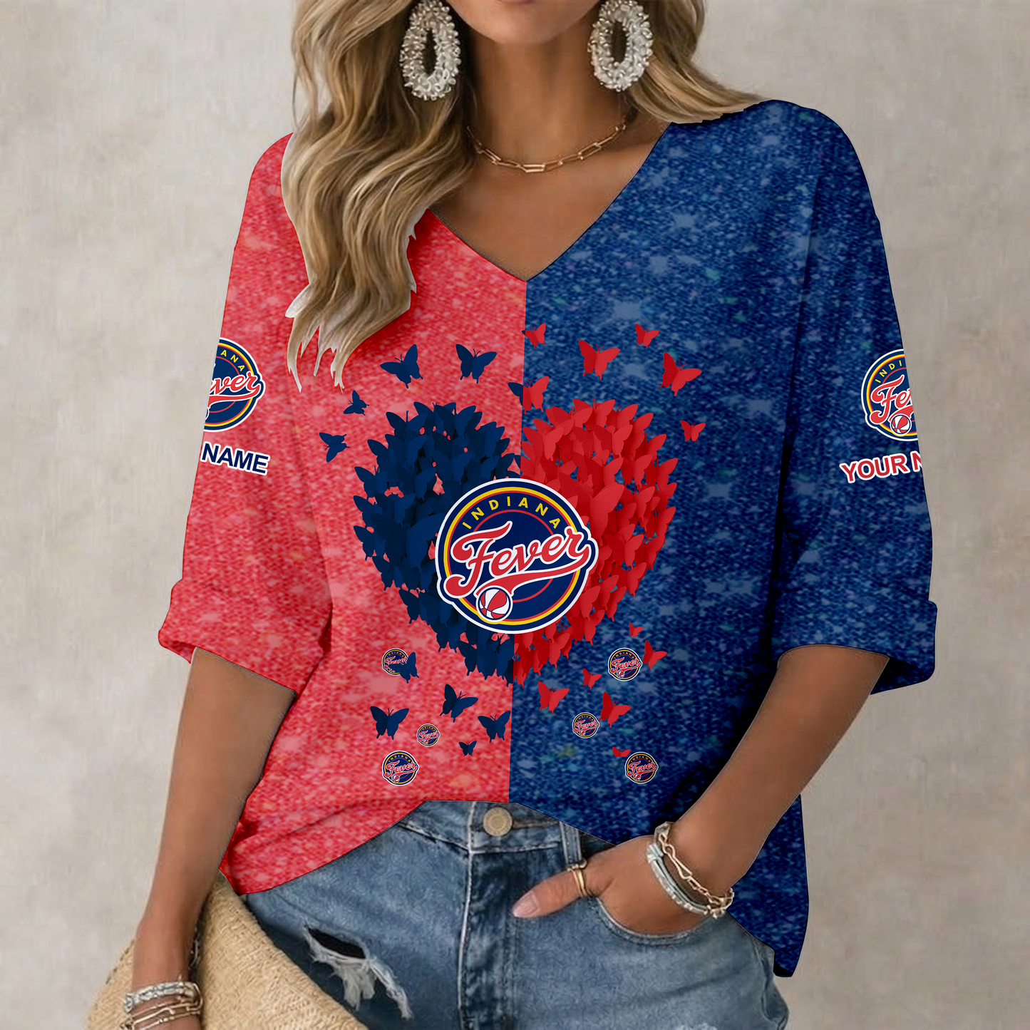 LIMITED EDITION - NEW CUSTOMIZED WNBA06 IDF IN FEVER WOMEN'S HEART V-NECK LONG SLEEVE SHIRT