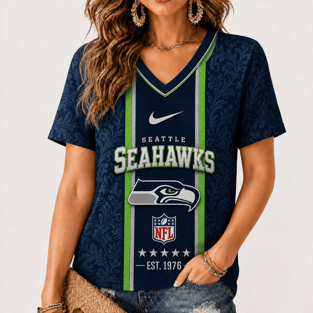 [SPECIAL OFFER] NEW CUSTOMIZED NFL06 SSH SEATLLE SEAHAWKS V-NECK FEMALE SHIRT