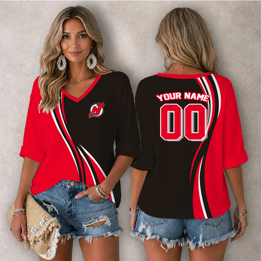 [SUPER SALE] NEW CUSTOMIZED NHL06 NJD NEW JERSEY DEVILS WOMEN'S HEART V-NECK LONG SLEEVE SHIRT