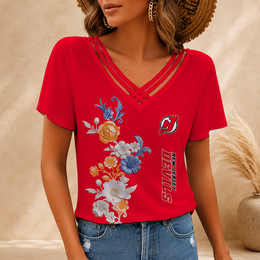 [SUPER SALE] NEW CUSTOMIZED NHL06 NJD NEW JERSEY DEVILS V-NECK SHIRT