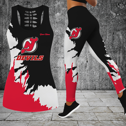 [SUPER SALE] NEW CUSTOMIZED NHL06 NJD NEW JERSEY DEVILS HOLLOW TANK TOP & LEGGINGS SET