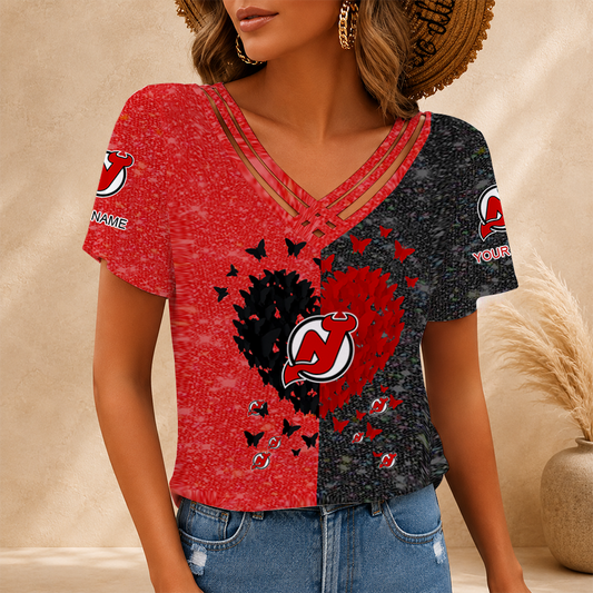 [SUPER SALE] NEW CUSTOMIZED NHL06 NJD NEW JERSEY DEVILS V-NECK SHIRT