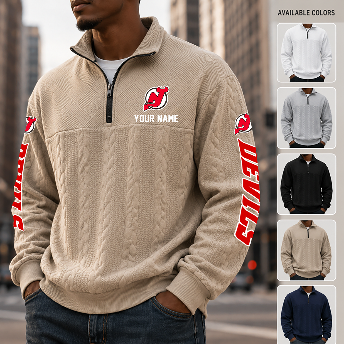 [SUPER SALE] NEW CUSTOMIZED NHL06 NJD NEW JERSEY DEVILS MULTICOLOR QUARTER-ZIP SWEATSHIRT