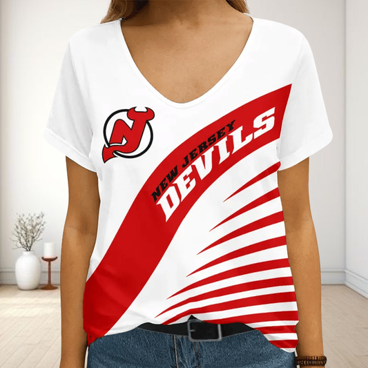 [SUPER SALE] NEW CUSTOMIZED NHL06 NJD NEW JERSEY DEVILS V-NECK FEMALE SHIRT