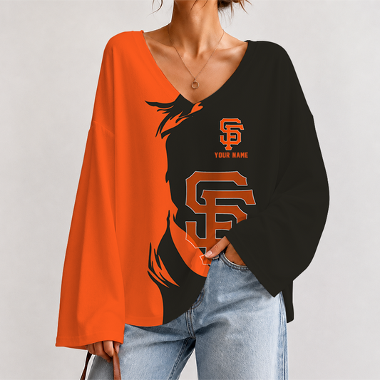 [FLASH SALE] NEW CUSTOMIZED MLB06 SFG SAN FRANCISCO GIANTS V-NECK LONG SLEEVED CROP TOP