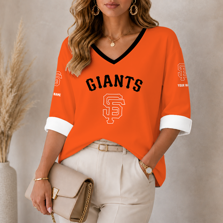 [FLASH SALE] NEW CUSTOMIZED MLB06 SFG SAN FRANCISCO GIANTS WOMEN'S HEART V-NECK LONG SLEEVE SHIRT