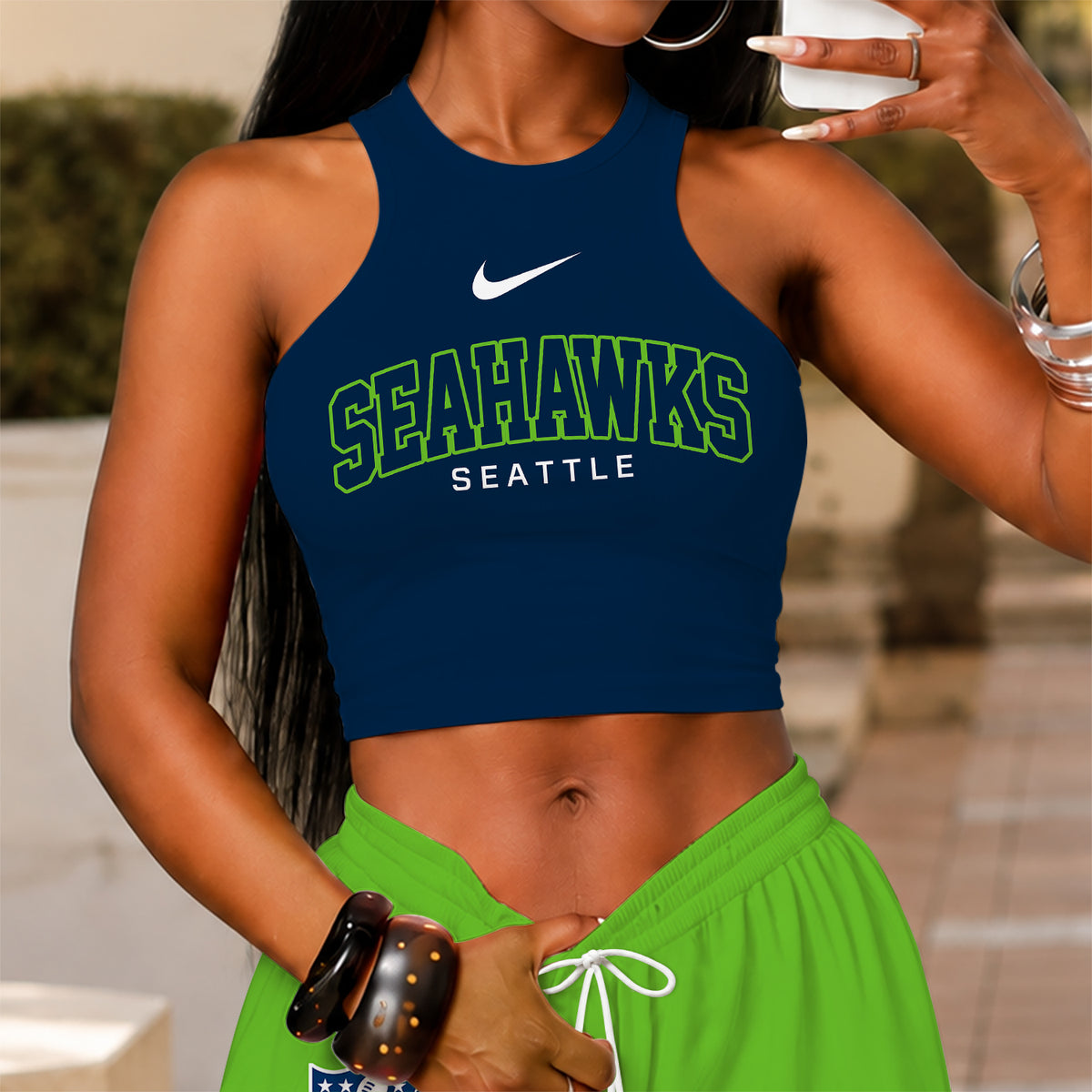 [SPECIAL OFFER] NEW CUSTOMIZED NFL06 SSH SEATTLE SEAHAWKS WOMEN'S CROP TOP & LONGPANTS SET