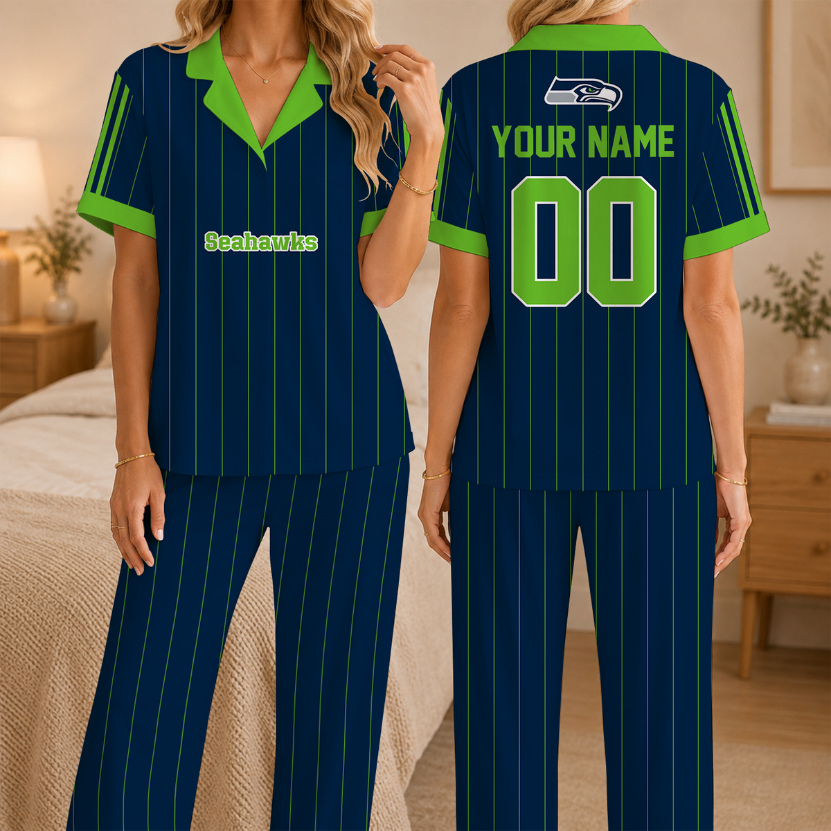 [SPECIAL OFFER] NEW CUSTOMIZED NFL06 SSH SEATTLE SEAHAWKS SHORT SLEEVE & LONG PANTS PAJAMAS SET