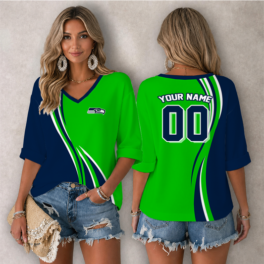 [SPECIAL OFFER] NEW CUSTOMIZED NFL06 SSH SEATTLE SEAHAWKS WOMEN'S HEART V-NECK LONG SLEEVE SHIRT