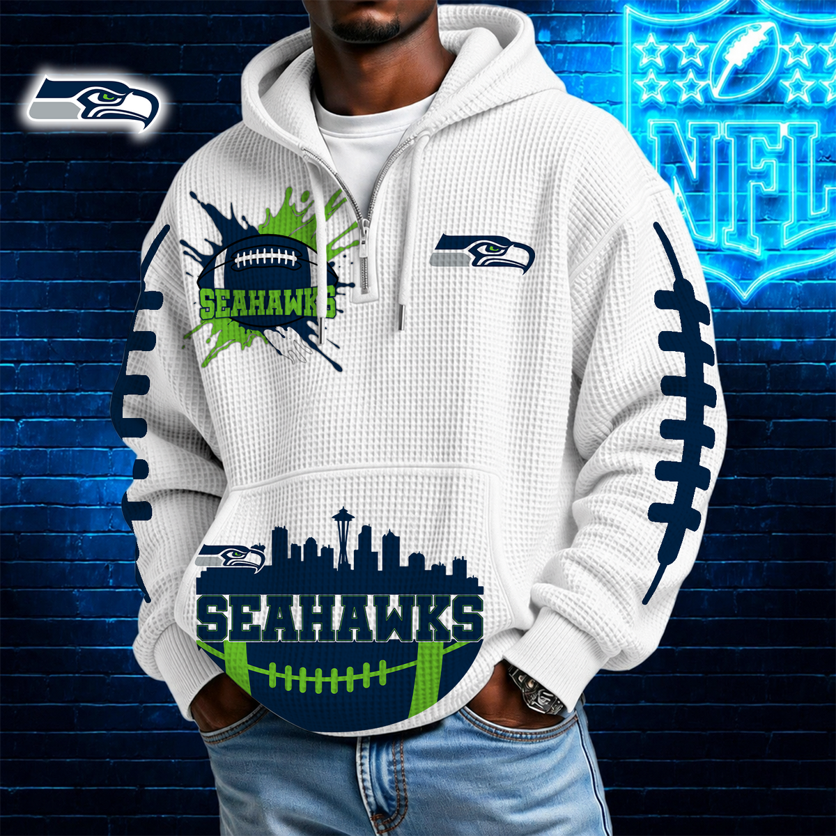 [SPECIAL OFFER] NEW CUSTOMIZED NFL06 SSH SEATTLE SEAHAWKS WAFFLE FULL ZIP HOODIE
