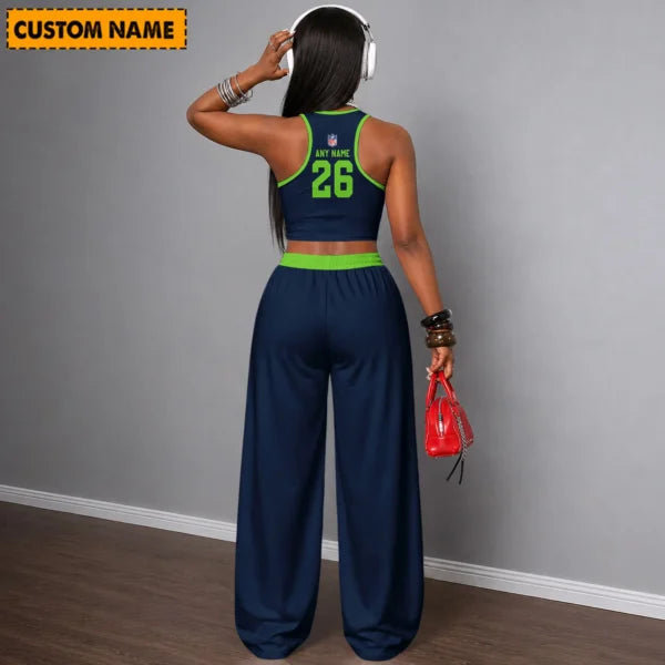 [SPECIAL OFFER] NEW CUSTOMIZED NFL06 SSH SEATTLE SEAHAWKS WOMEN'S CROP TOP & LONGPANTS SET