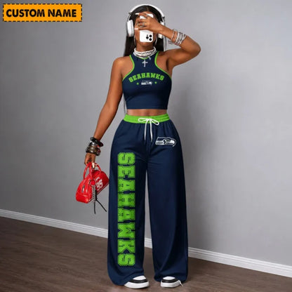 [SPECIAL OFFER] NEW CUSTOMIZED NFL06 SSH SEATTLE SEAHAWKS WOMEN'S CROP TOP & LONGPANTS SET