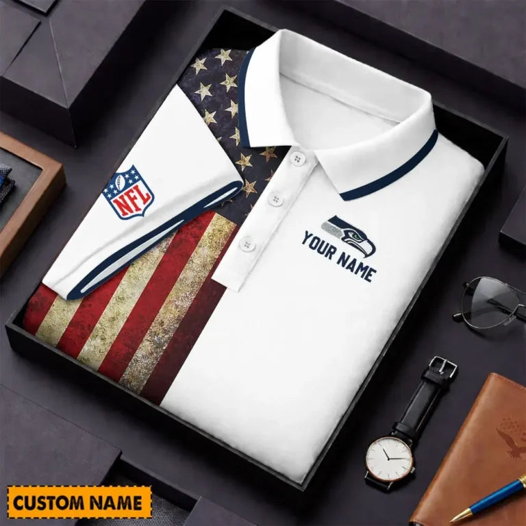 [SPECIAL OFFER] NEW CUSTOMIZED NFL06 SSH SEATTLE SEAHAWKS US FLAG POLO SHIRT