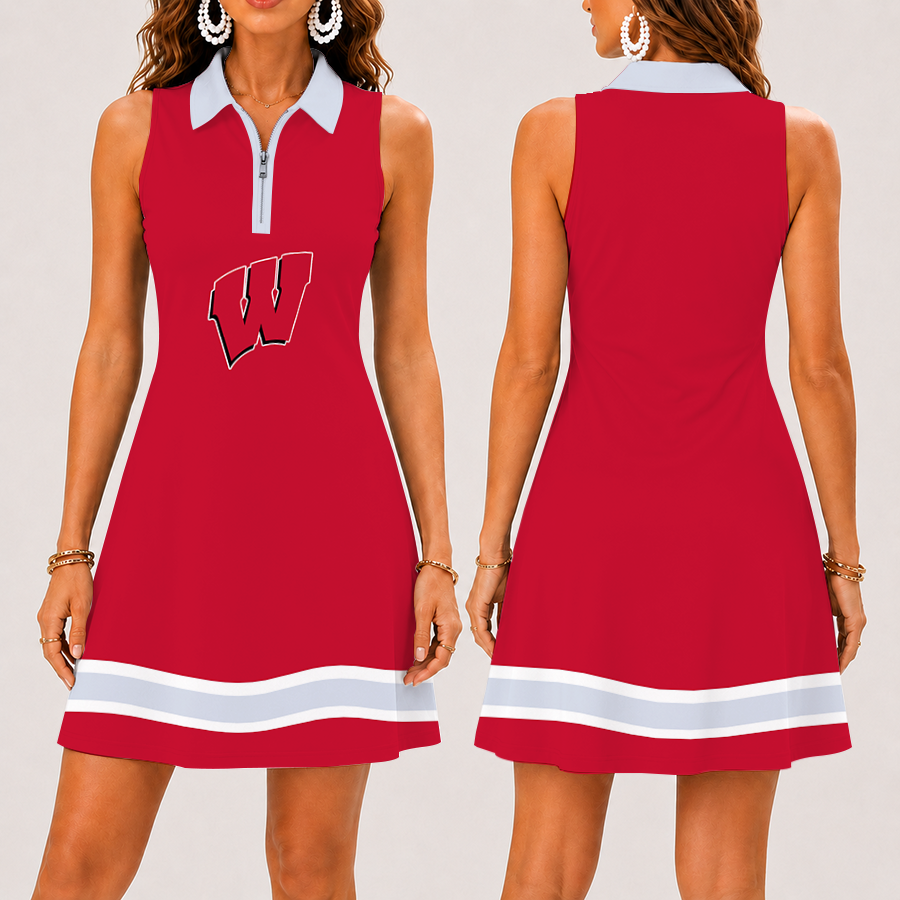 [FAN FAVORITE] NEW CUSTOMIZED NCAA MFF06 WSB WISCONSIN BADGERS WOMEN'S ZIP SLEEVELESS POLO DRESS