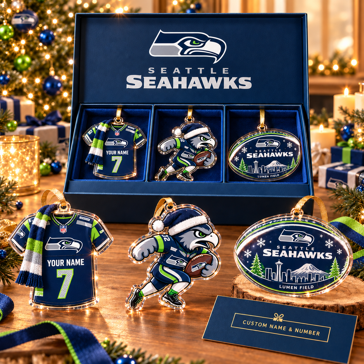 [FULL SET 3 ITEMS - NO BOX] NEW CUSTOMIZED NFL06 SSH SEATTLE SEAHAWKS CHRISTMAS ACRYLIC ORNAMENT