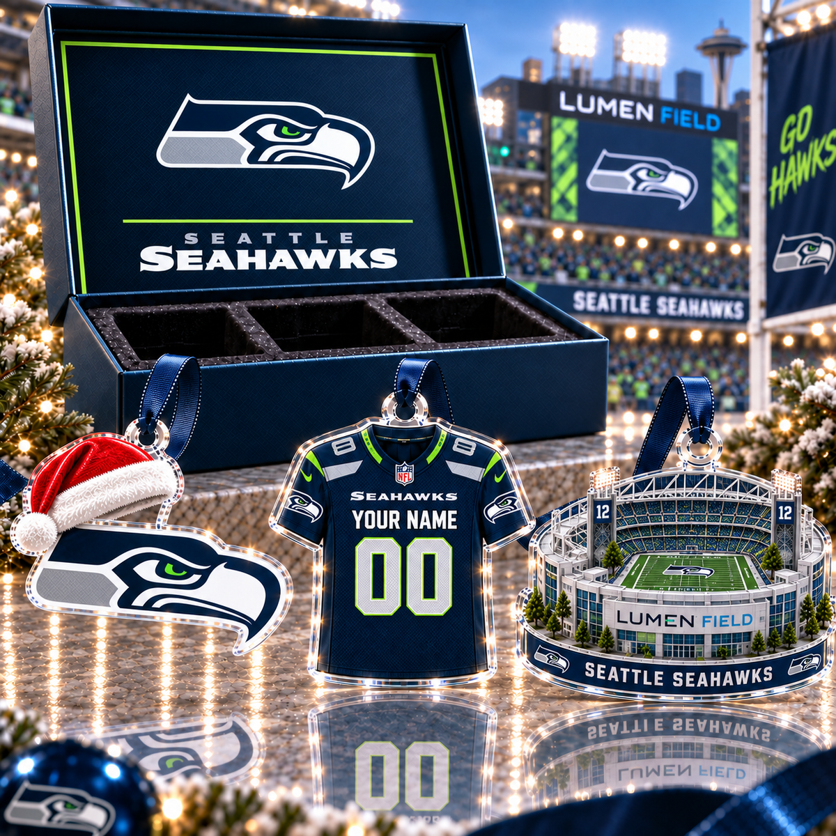 [FULL SET 3 ITEMS - NO BOX] NEW CUSTOMIZED NFL06 SSH SEATTLE SEAHAWKS CHRISTMAS ACRYLIC ORNAMENT