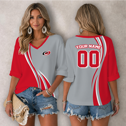 [SUPER SALE] NEW CUSTOMIZED NHL07 CLH CAROLINA HURRICANES WOMEN'S HEART V-NECK LONG SLEEVE SHIRT