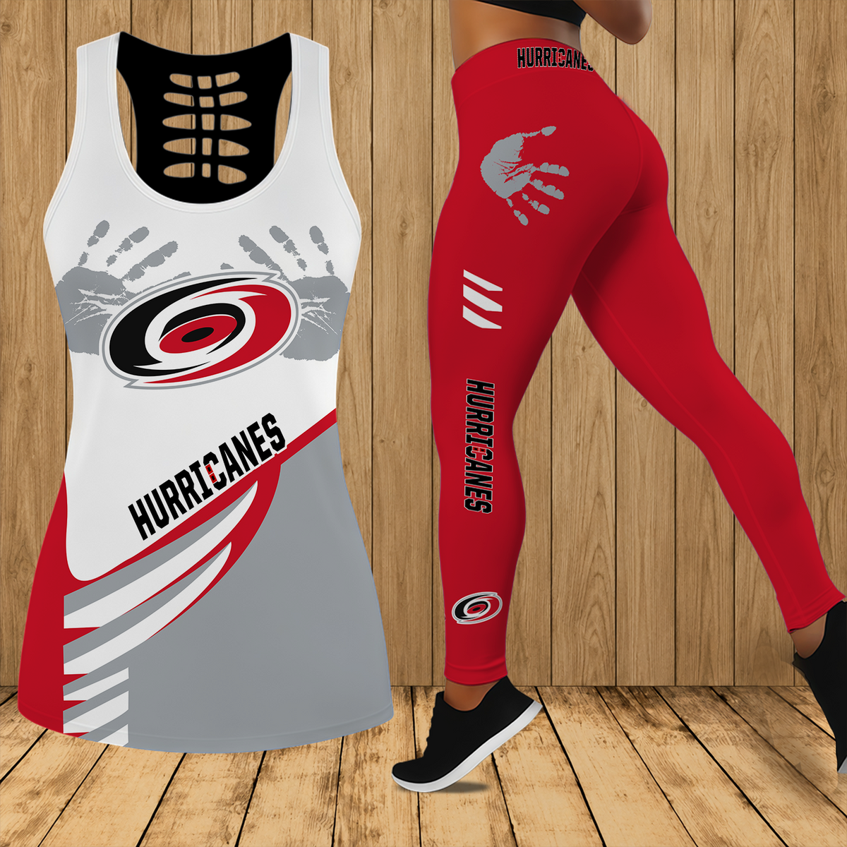 [SUPER SALE] NEW CUSTOMIZED NHL07 CLH CAROLINA HURRICANES HOLLOW TANK TOP & LEGGINGS SET