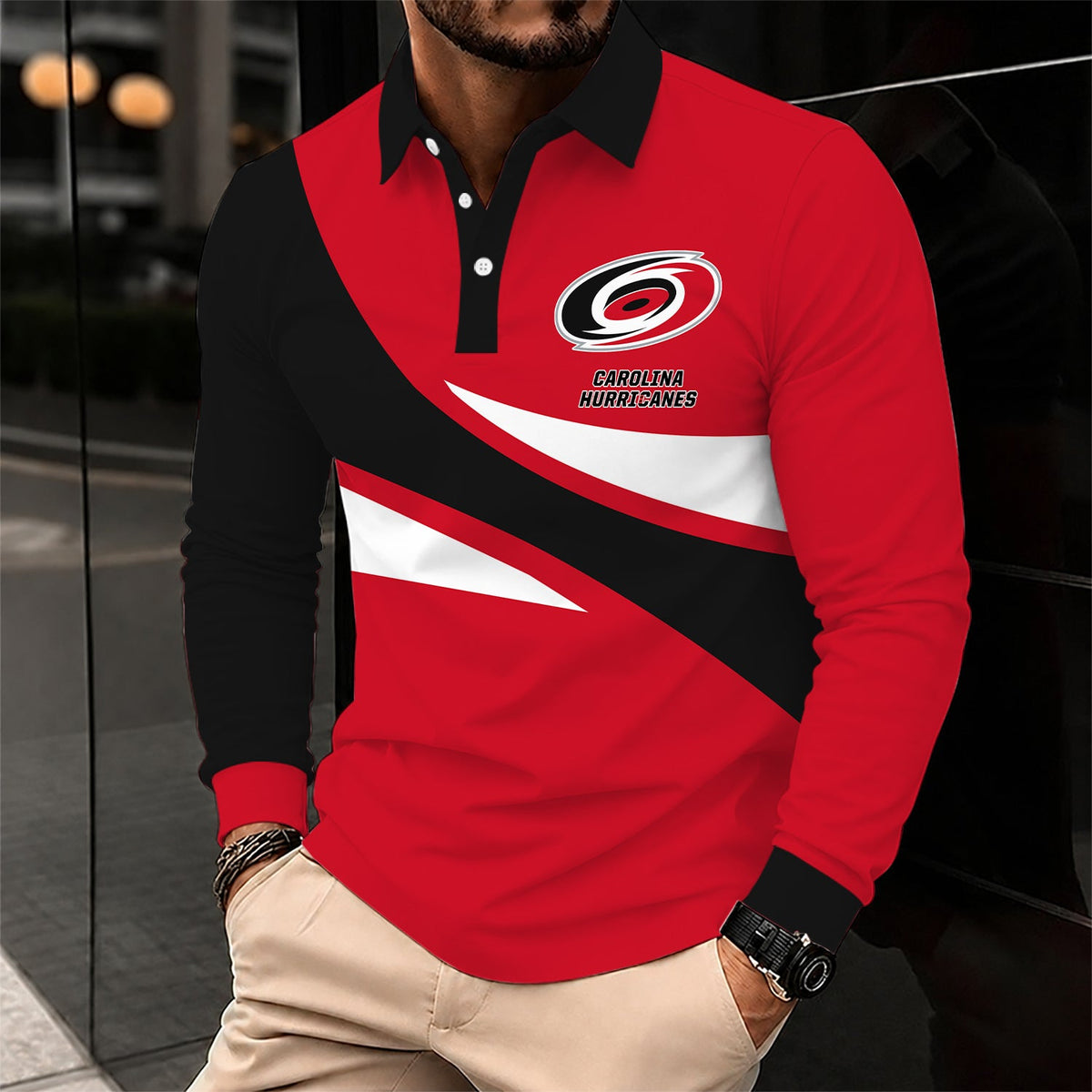 [SUPER SALE] NEW CUSTOMIZED NHL07 CLH CAROLINA HURRICANES MEN LONG SLEEVE POLO