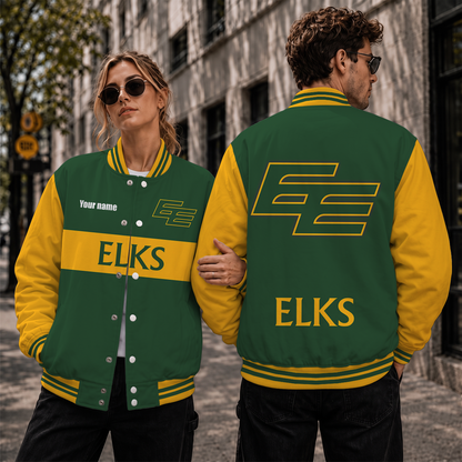 [FAN EXCLUSIVE] NEW CUSTOMIZED CFL07 EDM EDMONTON ELKS STRAPPY BASEBALL JACKET, SATIN VARSITY JACKET