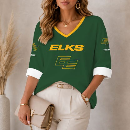 [FAN EXCLUSIVE] NEW CUSTOMIZED CFL07 EDM EDMONTON ELKS STRAPPY WOMEN'S HEART V-NECK LONG SLEEVE SHIRT