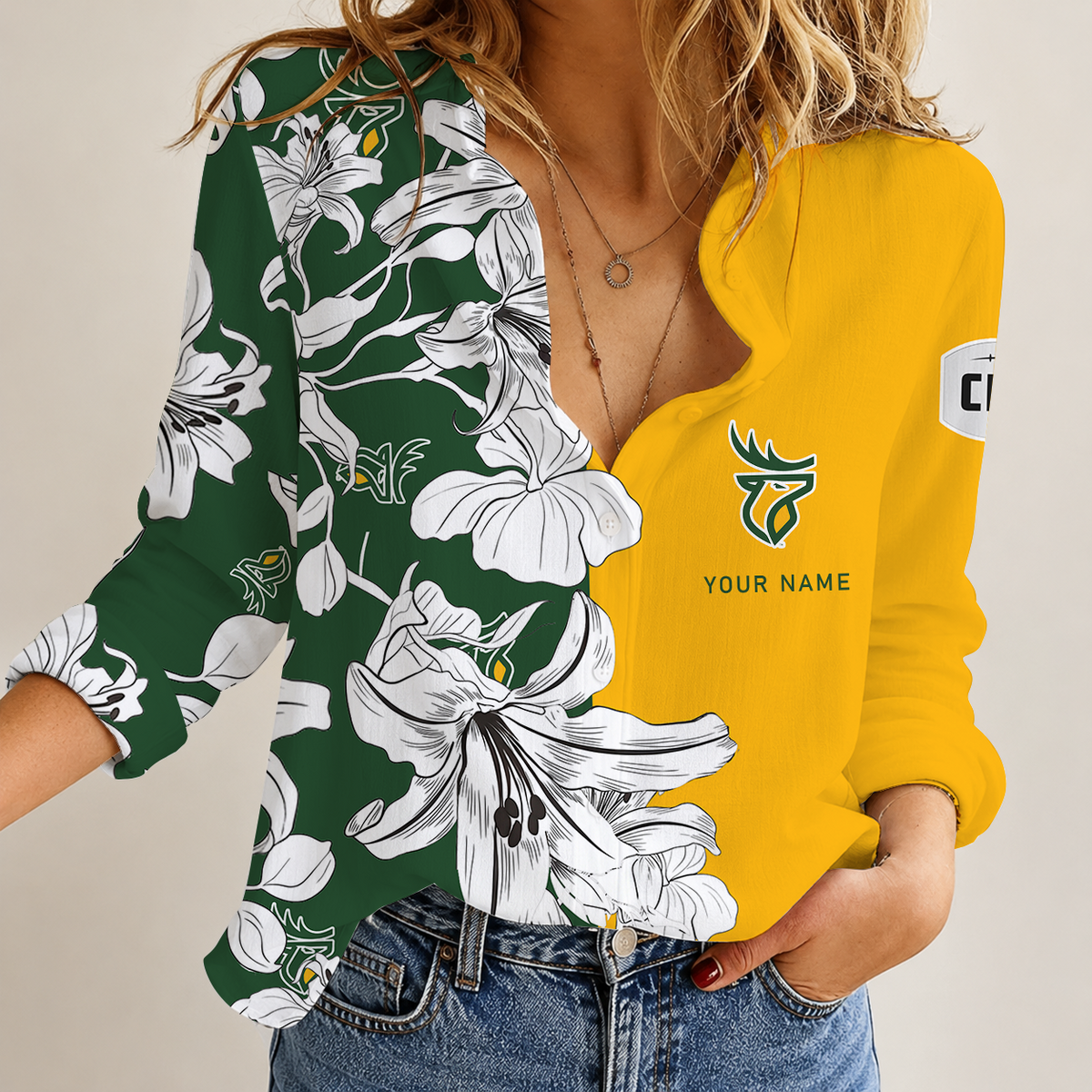 [FAN EXCLUSIVE] NEW CUSTOMIZED CFL07 EDM EDMONTON ELKS STRAPPY WOMEN CASUAL SHIRT