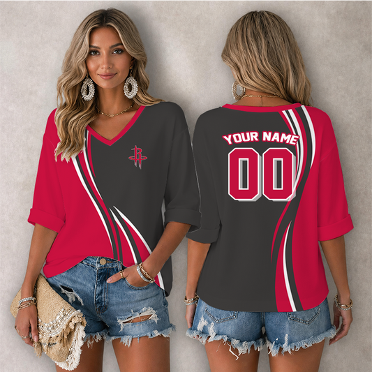 [HOT DEAL] NEW CUSTOMIZED NBA07 HRO HOUSTON ROCKETS WOMEN'S HEART V-NECK LONG SLEEVE SHIRT