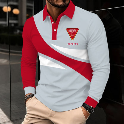 [HOT DEAL] NEW CUSTOMIZED NBA07 HRO HOUSTON ROCKETS MEN LONG SLEEVE POLO