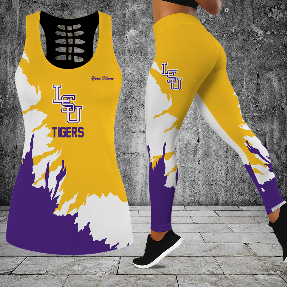 [FAN FAVORITE] NEW CUSTOMIZED NCAA CWS07 LST LSU TIGERS HOLLOW TANK TOP & LEGGINGS SET
