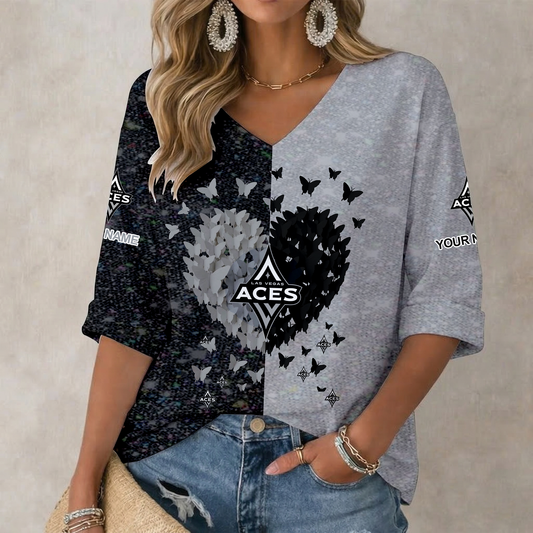 LIMITED EDITION - NEW CUSTOMIZED WNBA07 LVA LV ACES WOMEN'S HEART V-NECK LONG SLEEVE SHIRT