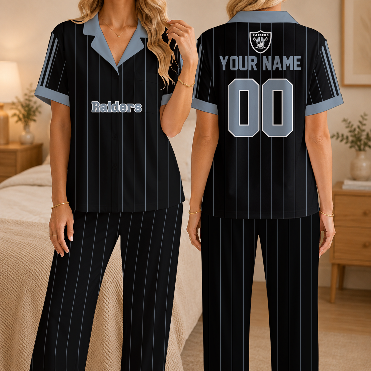 [SPECIAL OFFER] NEW CUSTOMIZED NFL07 LVR LAS VEGAS RAIDERS SHORT SLEEVE & LONG PANTS PAJAMAS SET