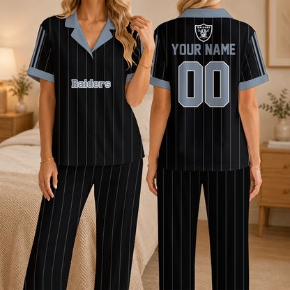 [SPECIAL OFFER] NEW CUSTOMIZED NFL07 LVR LAS VEGAS RAIDERS SHORT SLEEVE & LONG PANTS PAJAMAS SET