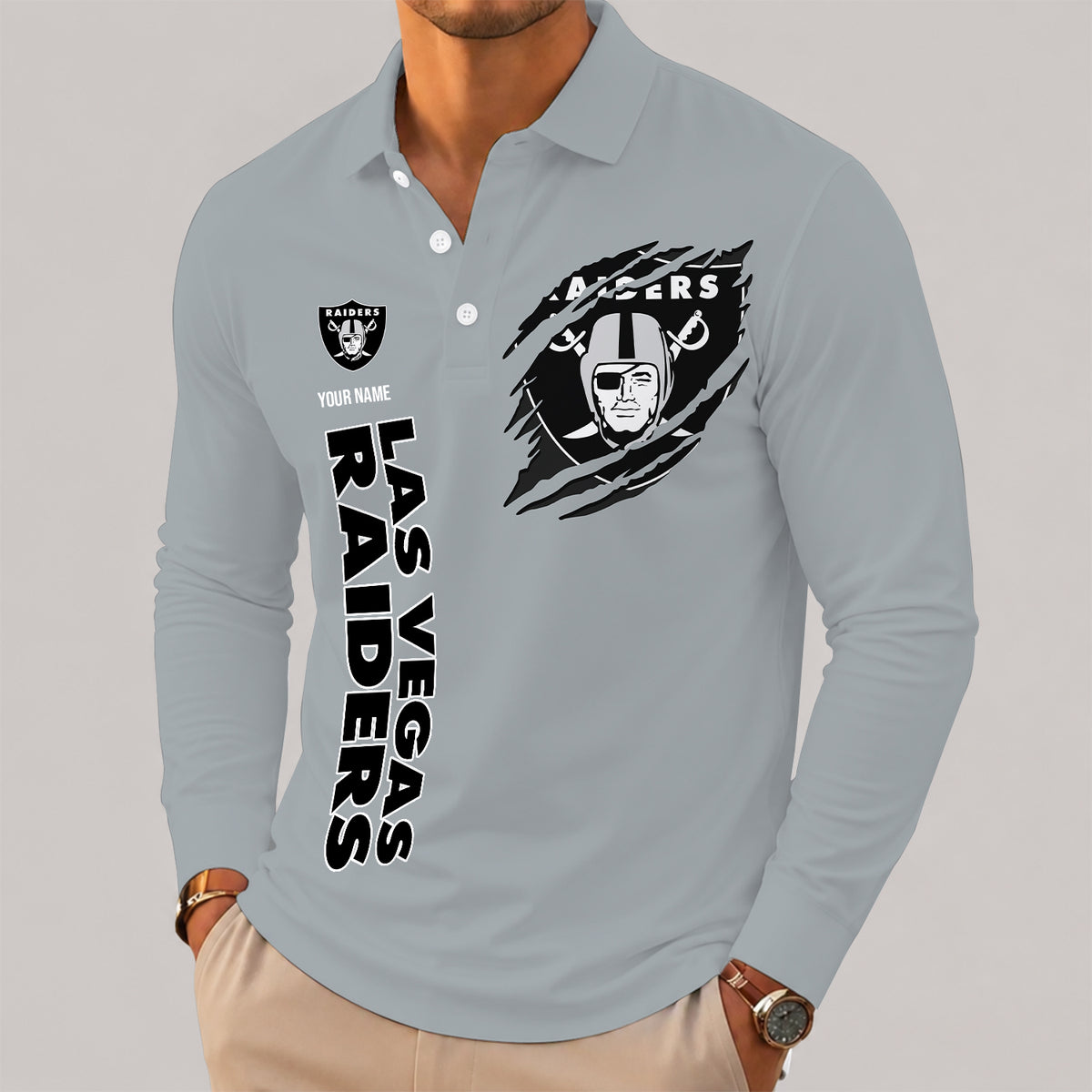 [SPECIAL OFFER] NEW CUSTOMIZED NFL07 LVR LAS VEGAS RAIDERS LONG SLEEVE POLO SHIRT