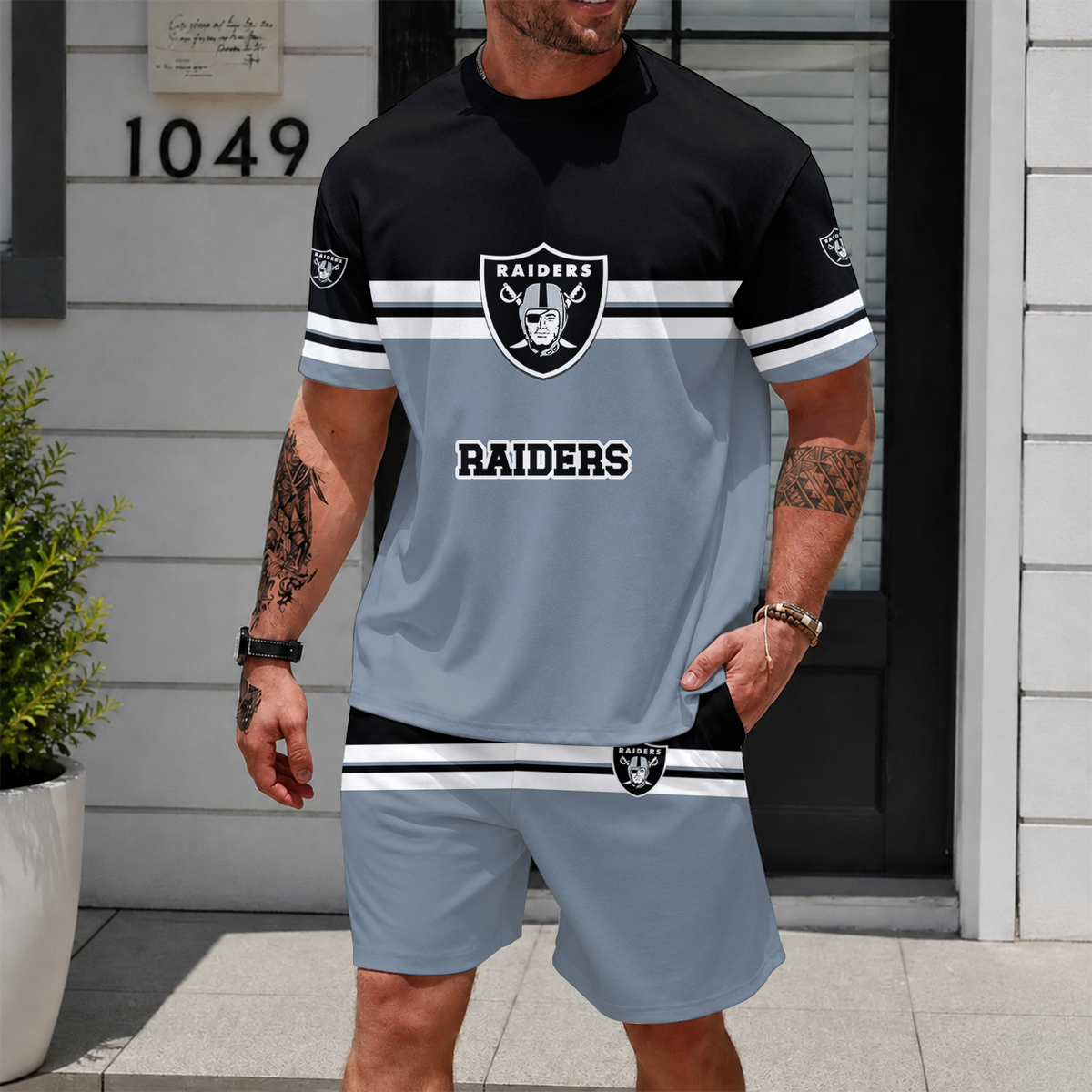 [SPECIAL OFFER] NEWCUSTOMIZED NFL07 LVR LAS VEGAS RAIDERS UNISEX T-SHIRT & SHORTS SET