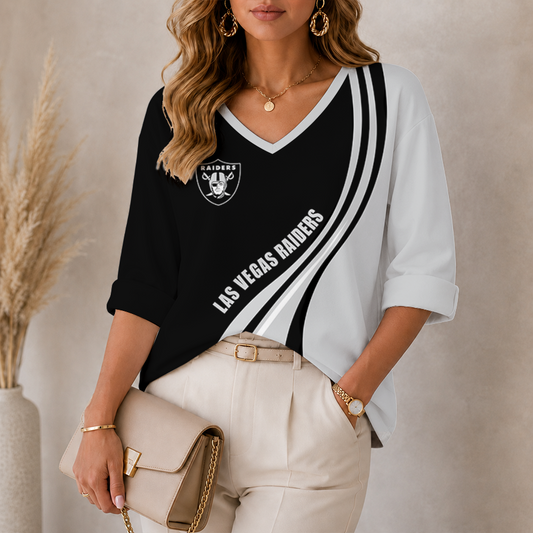 [SPECIAL OFFER] NEW CUSTOMIZED NFL07 LVR LAS VEGAS RAIDERS WOMEN'S HEART V-NECK LONG SLEEVE SHIRT