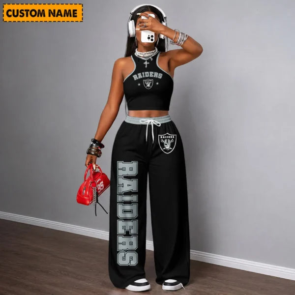 [SPECIAL OFFER] NEW CUSTOMIZED NFL07 LVR LAS VEGAS RAIDERS WOMEN'S CROP TOP & LONGPANTS SET